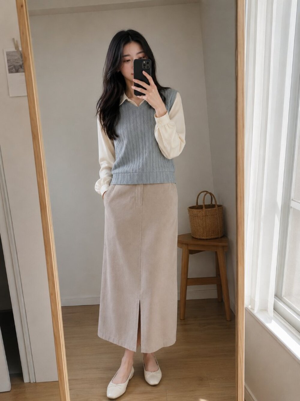 SHEIN Korean Style Cable Knit Layered V-Neck Top Gray S